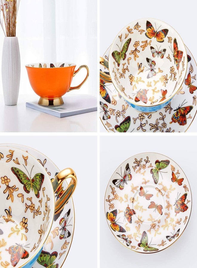 LURRIER Coffee Cup Mug with Saucer for Latte, Cappuccino Tea with Butterflies 6.8 Oz Fine Bone China, Dishwasher Safe, Reactive Glaze, 1 Pcs (Pink) - Image 3